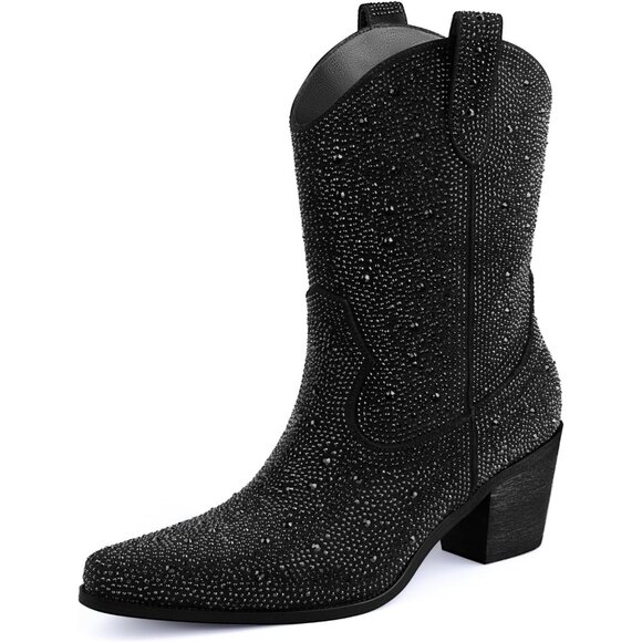 ⚡Women’s Rhinestone Black Cowboy Boots Mid Calf Pointed Toe Sparkly Block Heel - Picture 1 of 5